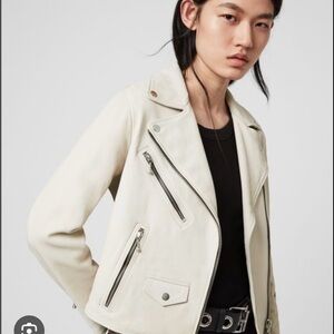 AllSaints Riley Cream Leather Biker Jacket with Silver Hardware - Size US 8